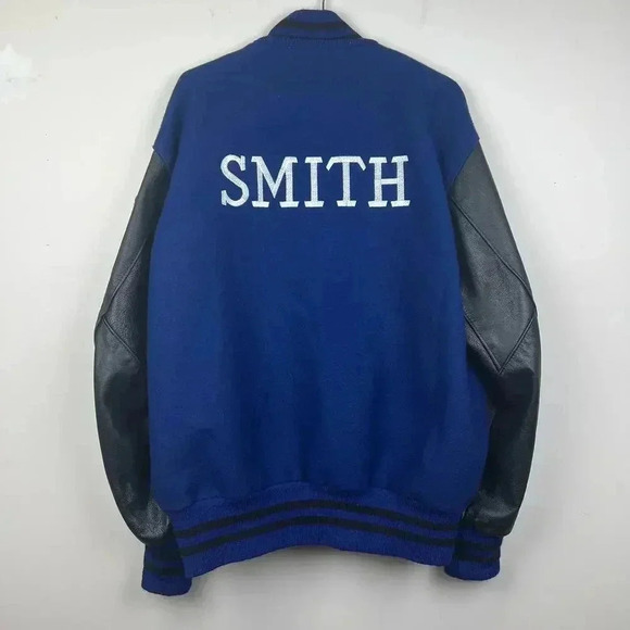 Vintage DeLong Blue Letterman Jacket with Leather Sleeves by Unknown - Picture 2 of 8